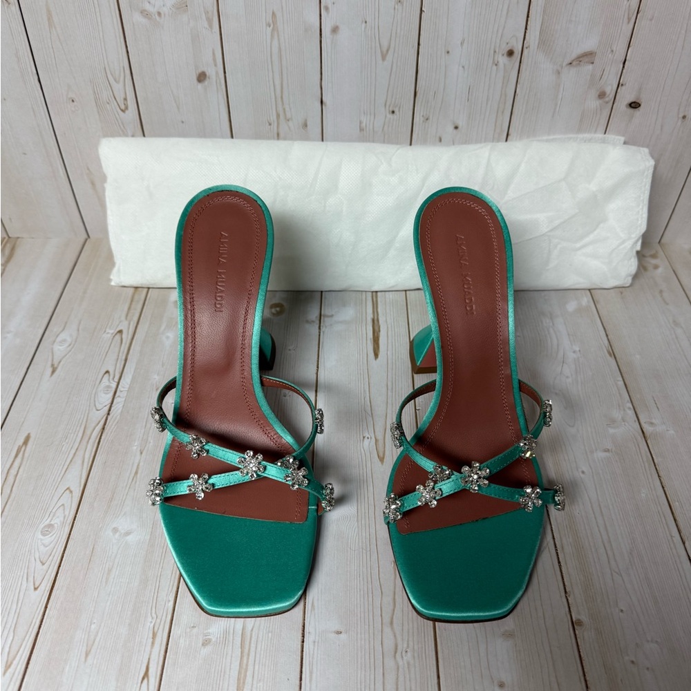 Amina Muaddi Lily Crystal Embellished Slide Sandal Turquoise Sz 36.5 / 6.5 - Picture 6 of 14
